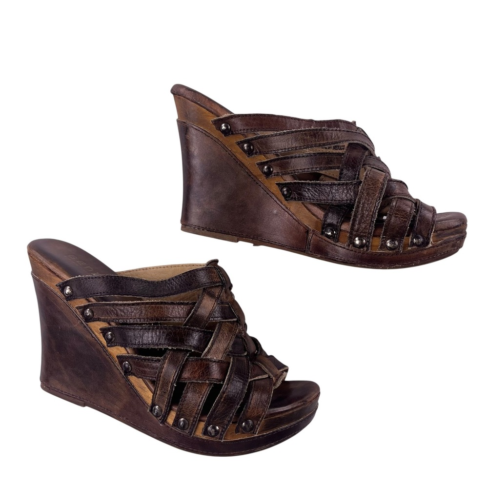 Bed Stu Cobbler Series Brown Leather Caged Wedge Sandals Mules Women 8 B
